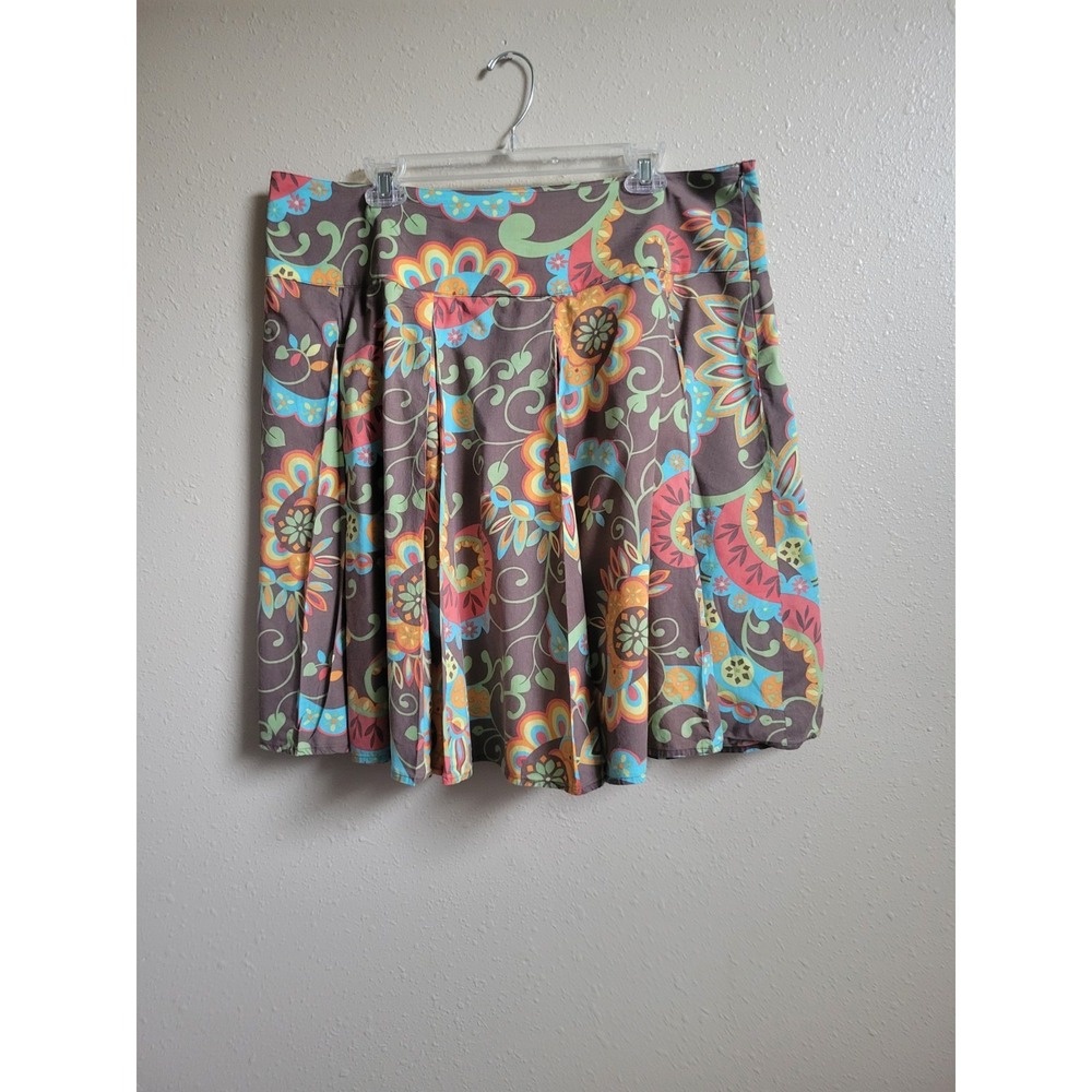 New York & Company Women's Retro Brown Floral Pleated‎ Skirt Multi-Color Boho...